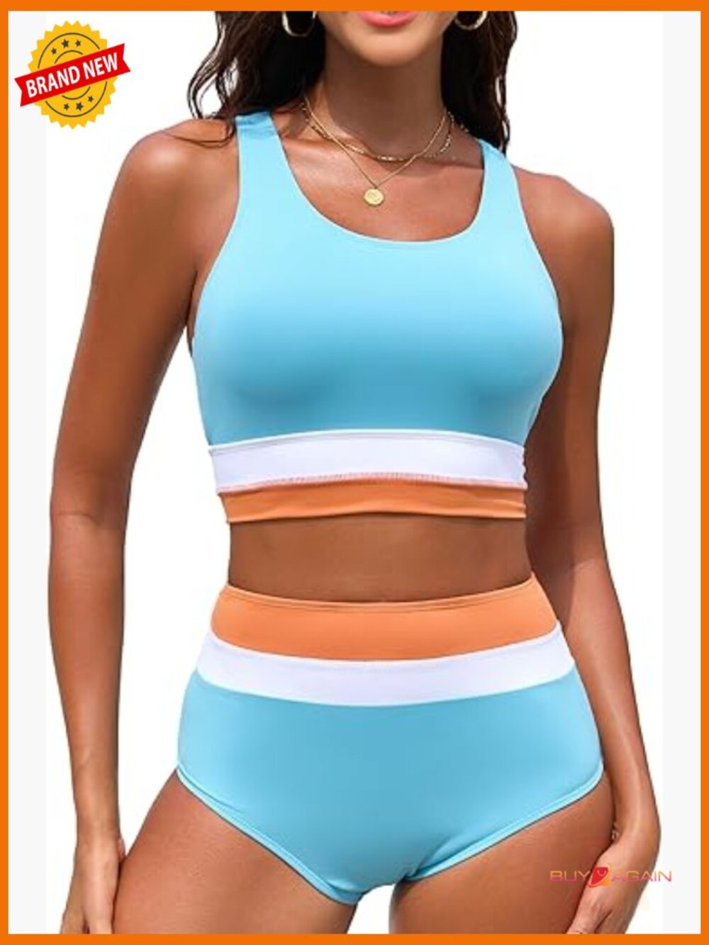 High Waisted Bikini Sets Two Piece Color Block Sporty Swimsuits Zip Front Push